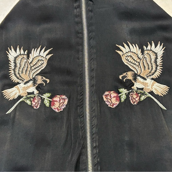 Kendall & Kylie PacSun Satin Bomber Jacket Eagle Rose Embroidery Black Cream EUC - Picture 2 of 7